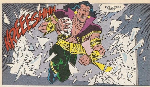 One panel from New Guardians. Gregorio crashes through a window, clutching a crystal skull, his eyes shut tight. He is drawn much more muscularly than before, with a much more pronounced jawline, and he's wearing a tight purple vest open over his bare chest, green pants, and gold arm and wrist bands. It's only less gay in contrast to the first image of him.