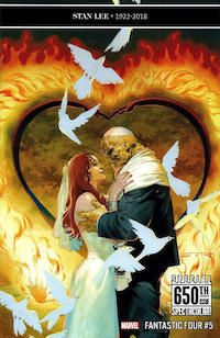 The cover of Fantastic Four #5 (2018 series). Ben and Alicia embrace in front of a heart made up of Mr. Fantastic's arms and the Human Torch's flames. Doves fly around them. Alicia is wearing a wedding dress and Ben is wearing a suit, a yarmulke, and a tallit.