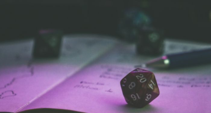 image of a d20 on an open notebook