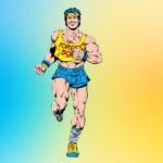 Iron Man dressed in very short blue running shorts, a yellow cropped sleeveless tee, and a blue sweatband