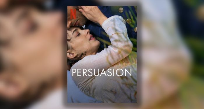 promotional poster for 2022 Netflix adaptation of Persuasion, showing actors Dakota Johnson and Cosmo Jarvis