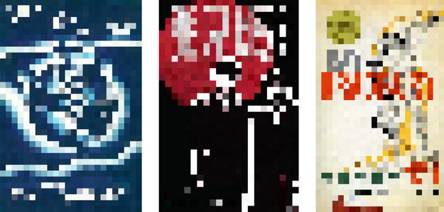 three pixelated covers of sci fi books