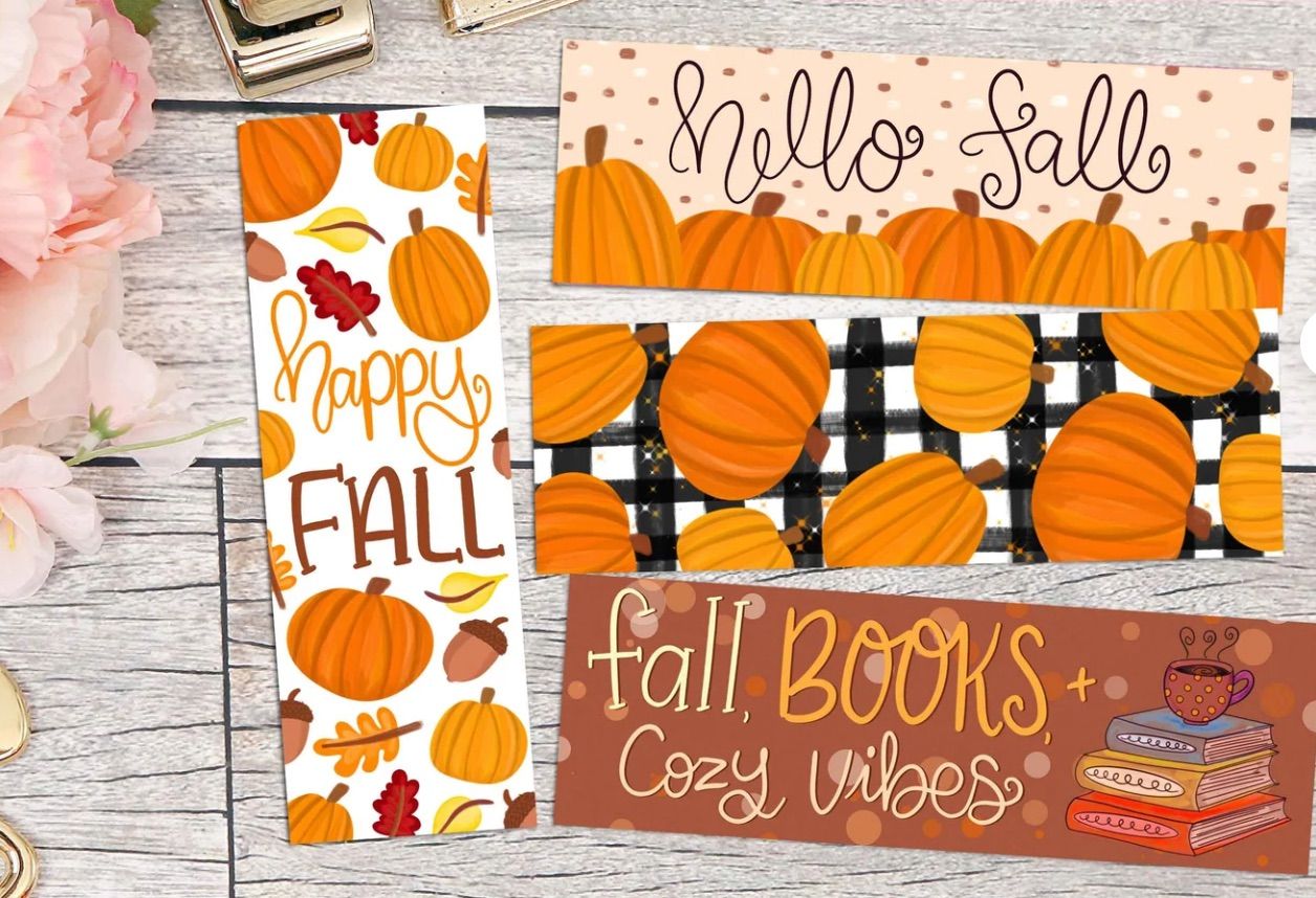 four printable bookmarks with pumpkins, books, and fall vibes. 