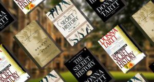collage of repeating four versions of covers of The Secret History by Donna Tartt