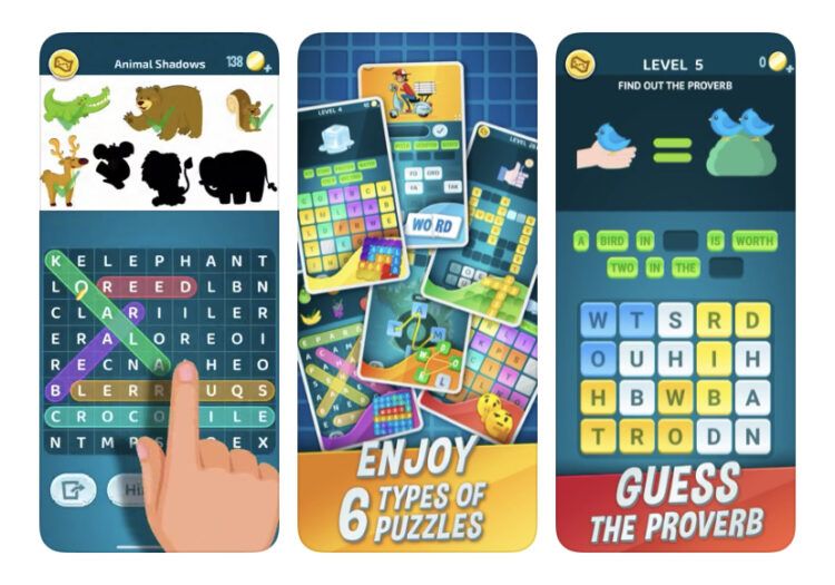 images showing the game play in the words crush puzzle game app