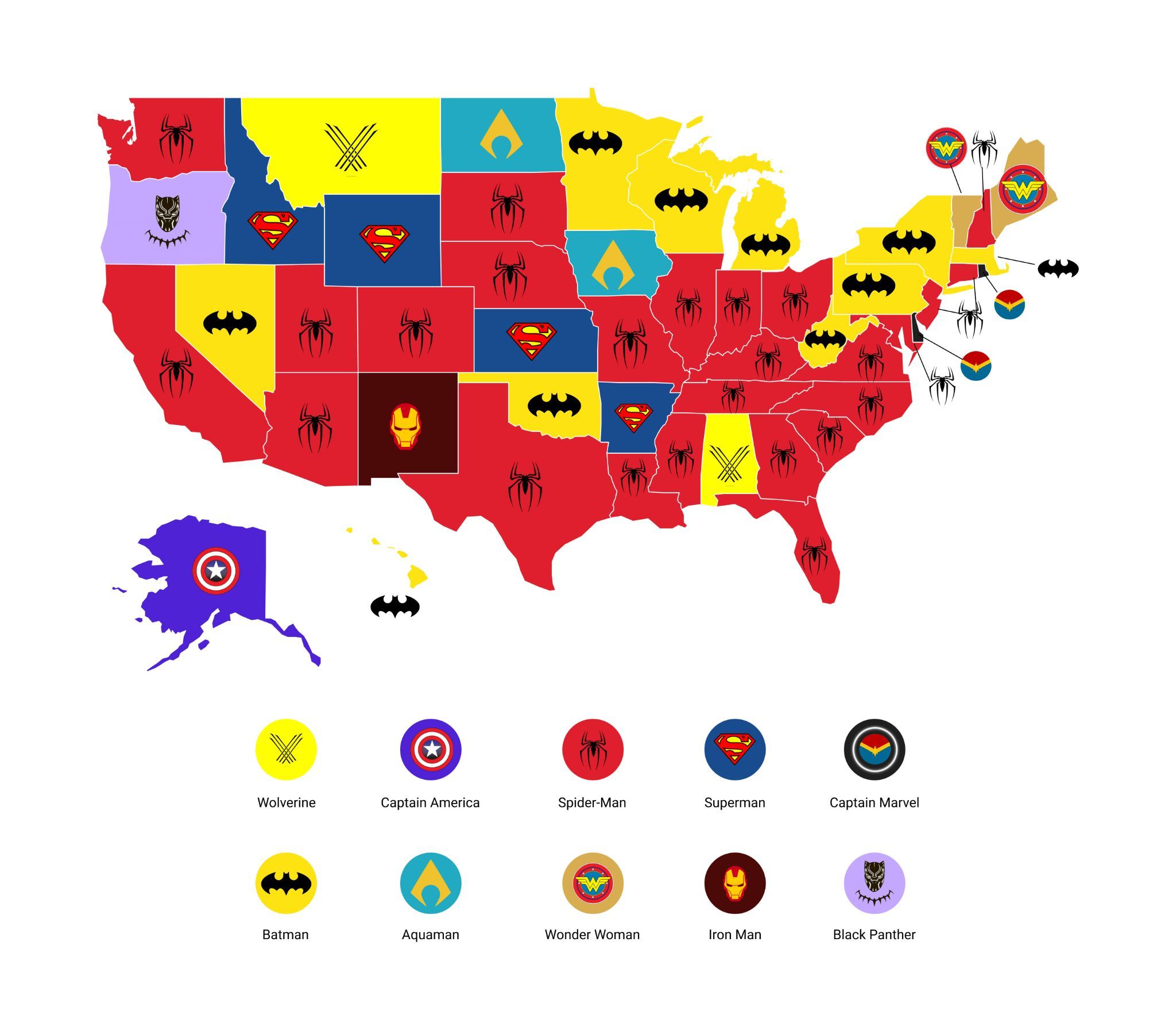 map of the U.S. and most popular comic book superiors by state