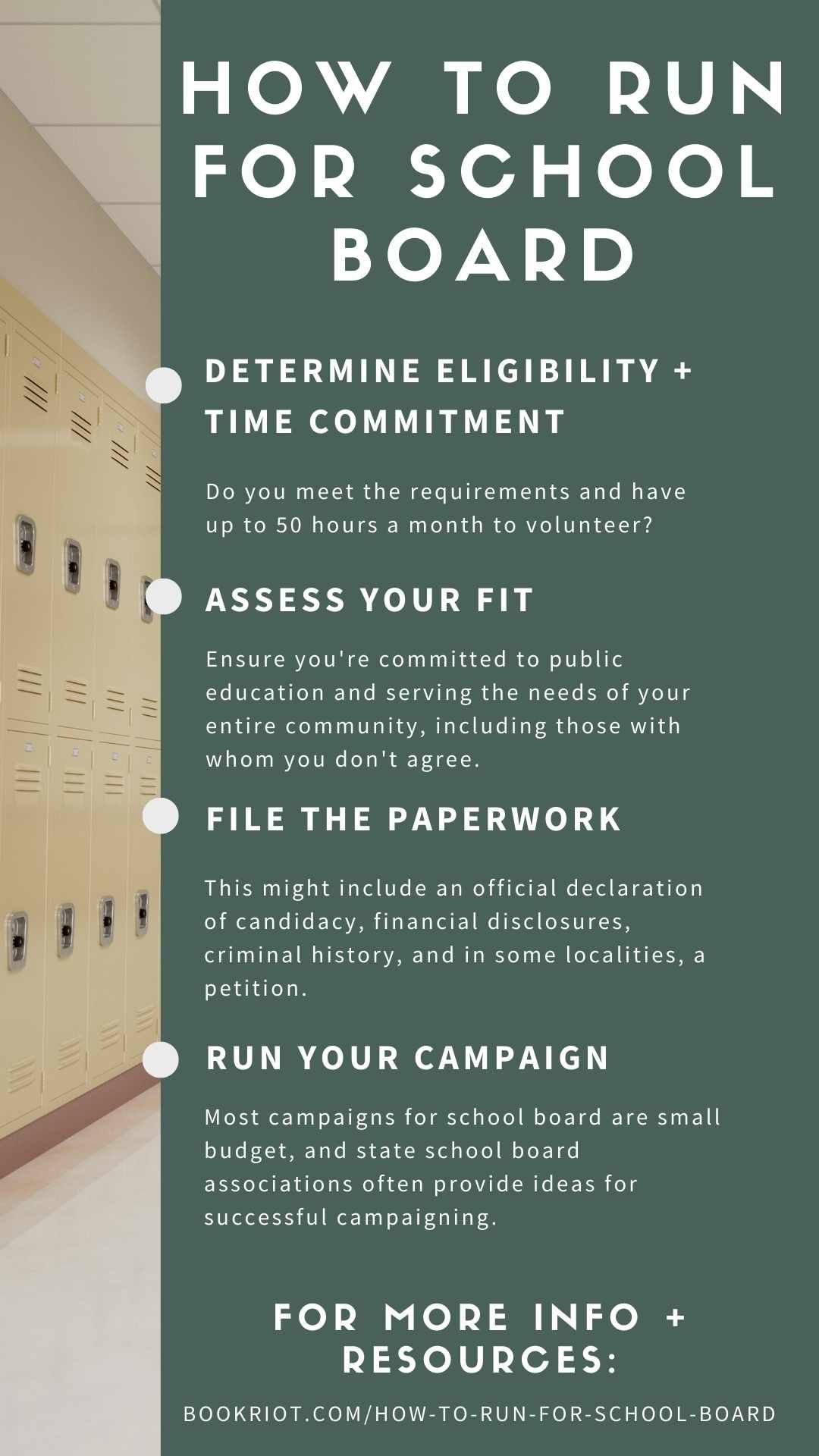 Image that reads "how to run for school board," with bullet points of information distilled from the above-written text. 