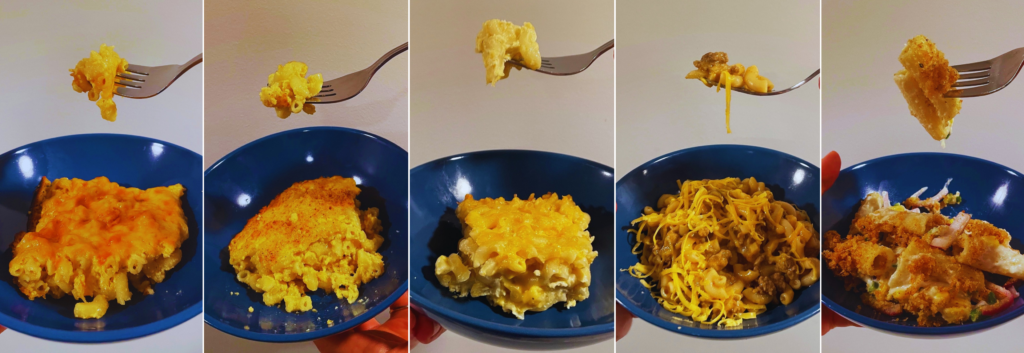 Five photos are spliced together side by side. All contain a blue bowl of mac and cheese with a fork held above it with a bite. 