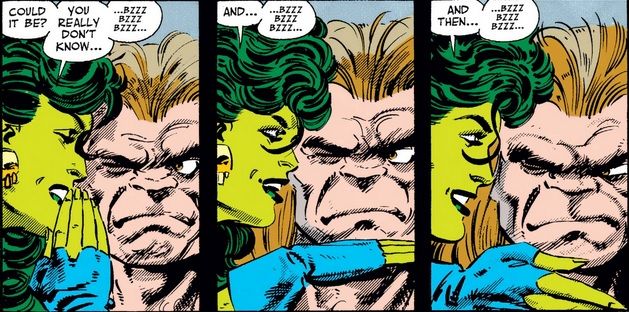 three panel showing She-Hulk giving Mahkizmo "the talk" whispered in his ear