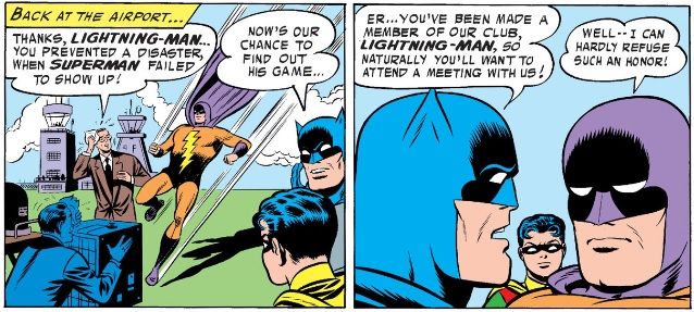 Batman invites a reluctant Lightning-Man to join the new Club of Heroes as Robin looks on, unamused.