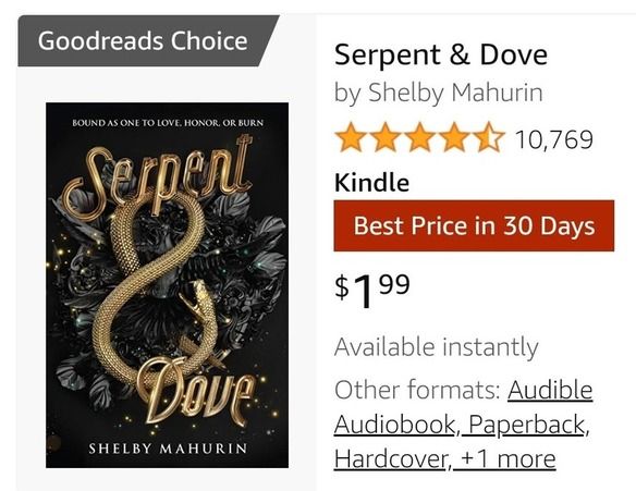 my screen shot of Serpent & Dove for $1.99, which has a red box saying "best price in 30 days"