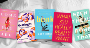 a collage of books about sex against sheets