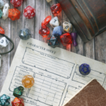 a photo of a D&D character sheet surrounded by dice