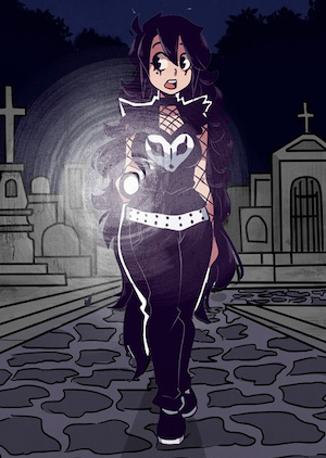 picture of Evelyne from Evelyne and the Occult: cartoon drawing of a white woman with black hair in a black hrad-to-toe outfit holding a flashlight in a cemetary 
