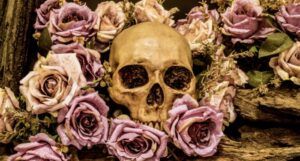 Image of a skull inside some roses
