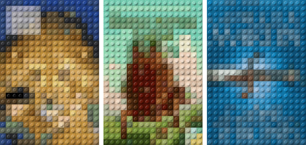 three fantasy book covers pixelated in lego pieces