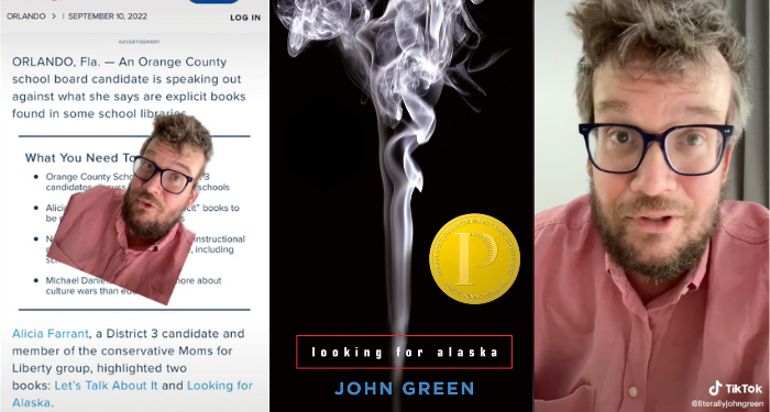 two screencaps of John Green's TikTok alongside the cover of Looking for Alaska