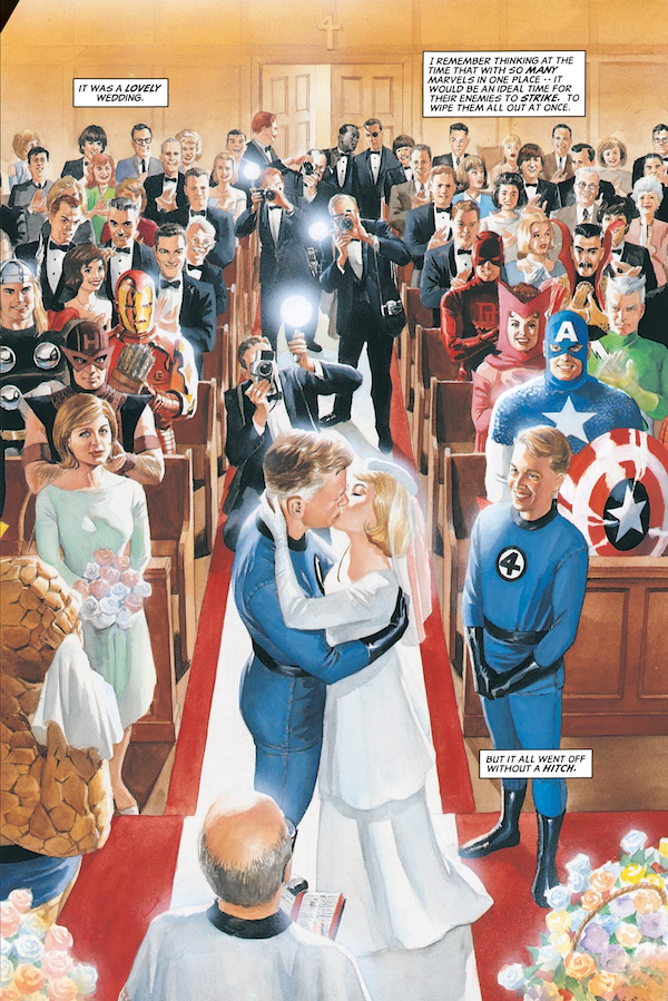 A splash page from Marvels showing Reed and Sue kissing at their wedding. Alicia and Johnny are smiling and Ben is crying. The aisle has several photographers taking pictures, and the pews are filled with superheroes and celebrity cameos.