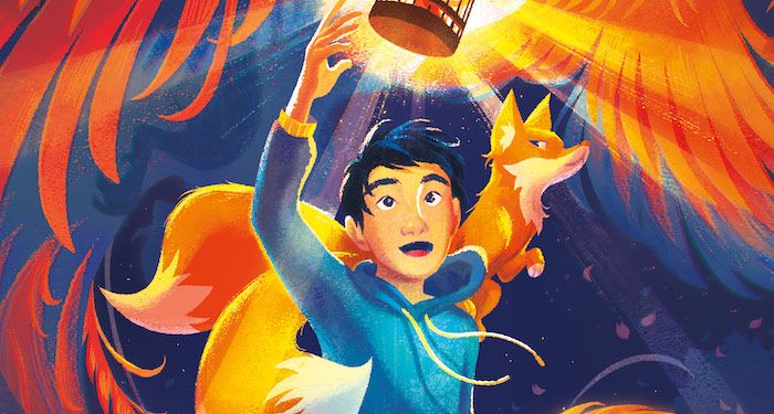 a cropped over of Theo Tan and the Fox Spirit, showing a kid with a fox with multiple tails perched on his shoulder as he smiles and reaches for something glowing
