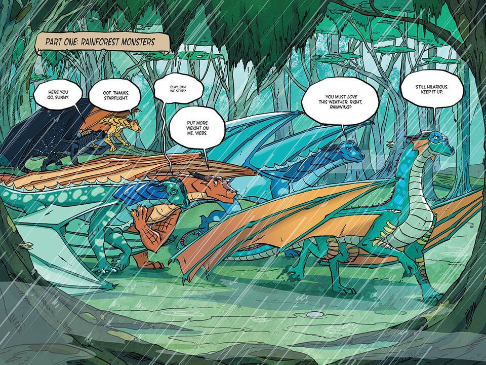 Full page from Wings of Fire: The Hidden Kingdom by Tui T. Sutherland, art by Mike Holmes. Features six (6) dragons walking in the rain. 