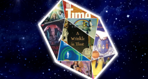 a collage of Wrinkle In Time covers against a starry background