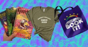 a collage of 90s-inspired literary gifts, including a Sweet Valley High T-shirt and Goosebumps notebooks
