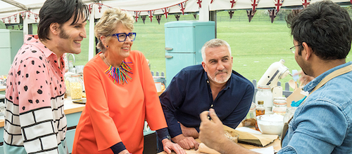 GBBO screenshot Paul Hollywood, Prue, Noel chatting with contestant