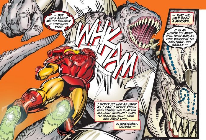 Iron Man punches Tuatara in the face. It doesn't work.