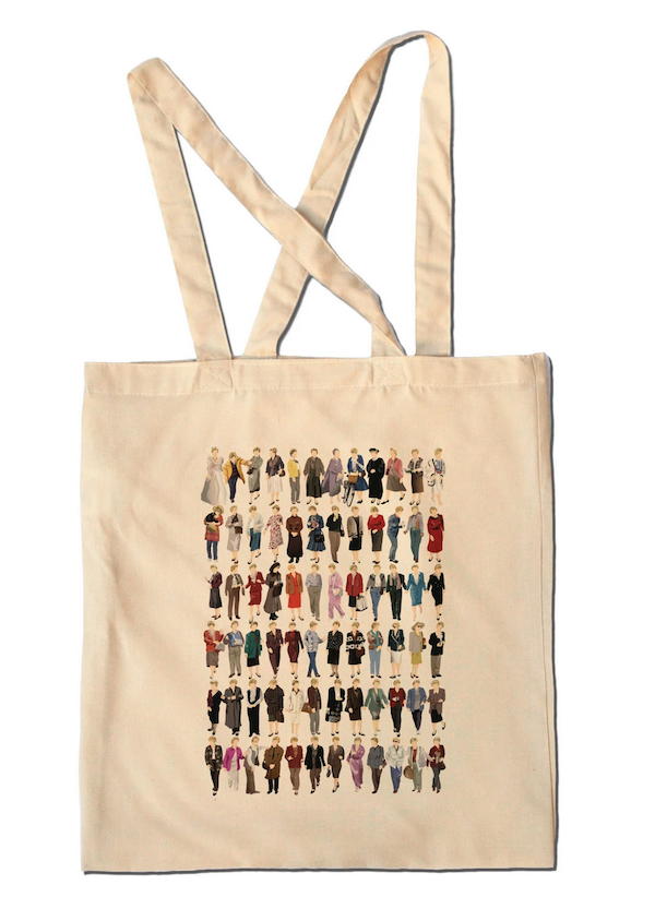 a beige tote bag with screen printed images of Jessica Fletcher in many outfits