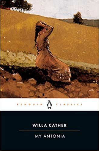 cover of My Antonia by Willa Cather; painting of woman with dark hair in a pink dress kneeling in a field 