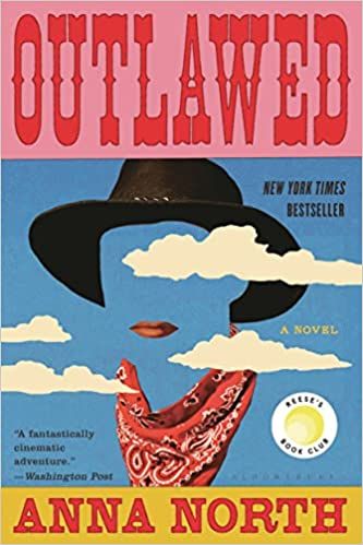 the cover of Outlawed; an illustration of a woman wearing a bandanna and cowboy hat against a cloudy sky