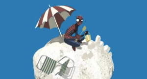 a cropped cover of The Spectacular Spider-Man #308, showing Spider-Man building a sandcastle at the beach
