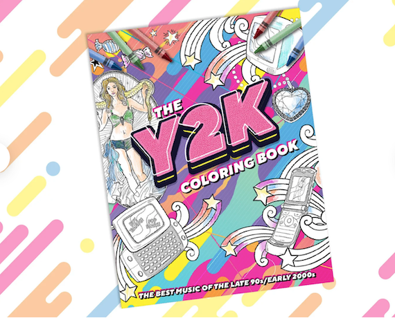 The cover of a Y2K music-themed coloring book featuring a flip phone, a Sidekick, an iMac, and Britney Spears dancing with a snake. 