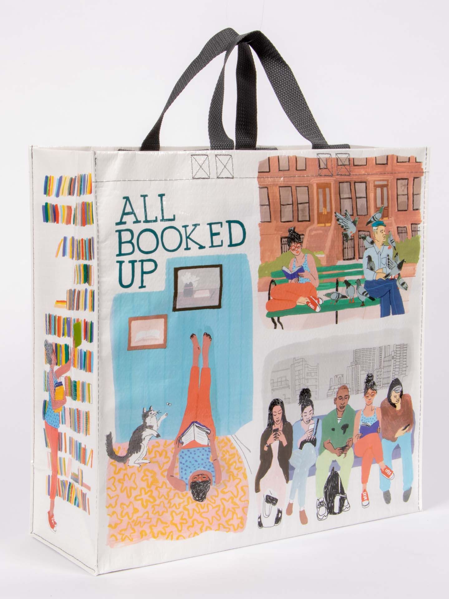 a large ressemble tote bag with scenes of people reading in various environments