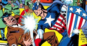closeup from the cover of Captain America #1, showing Captain America punching Hitler in the face in front of startled Nazis. Bucky is saluting in an inset circle at the bottom right.