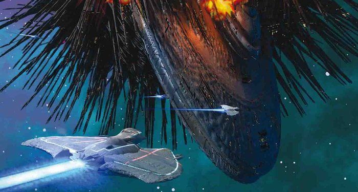 a cropped version of the cover of Ninefox Gambit, featuring spaceships