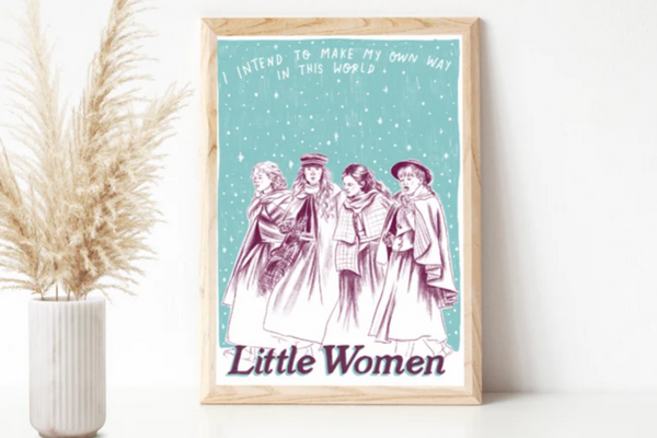 Illustration of the four sister from Greta Gerwig's "Little Women" in purple with a light blue background.s from 