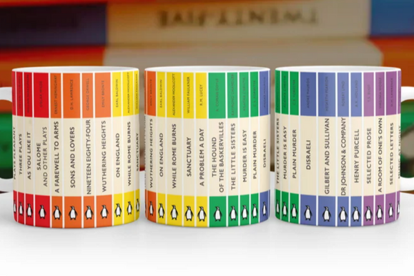 Three mugs covered in Penguin Books spines of various colors to create rainbow stripes.