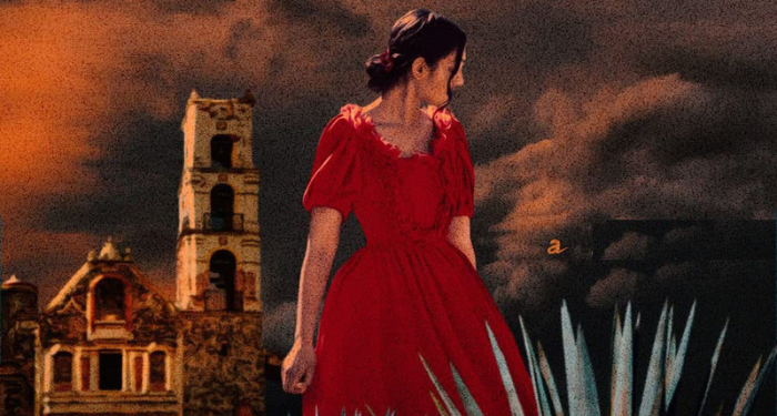 a cropped cover of The Hacienda, showing a woman in a red dress against a red cloudy background