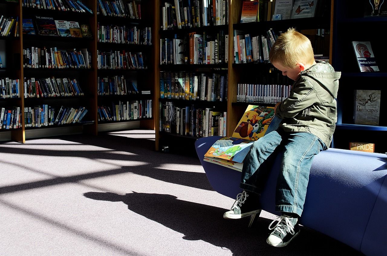A young blond boy is sitting on a blue couch, reading a picture book. Behind him are several shelves of library books.