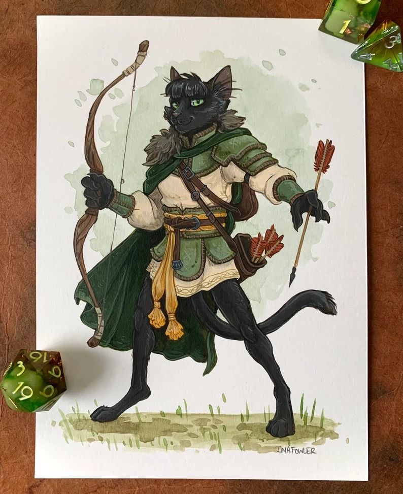 a painting of a anthropomorphic catlike character with a D20 beside it