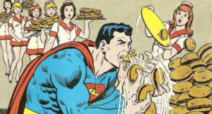 a comics panel showing Superman eating a giant pile of burgers while servers wait in a line with more