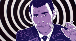 an illustration of Rod Sterling from the cover of Twilight Man against the Twilight Zone black and white swirling background