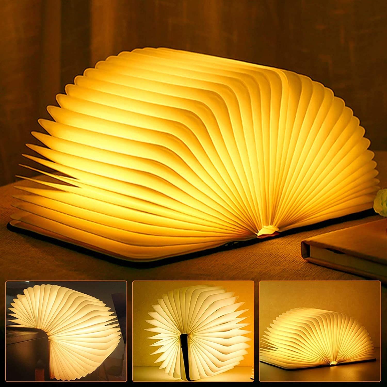 Image of a foldable wooden light in the shape of a book. 