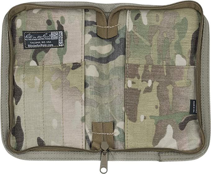 A camouflage zip cover for a tablet that includes pockets for pens and a small notebook. 