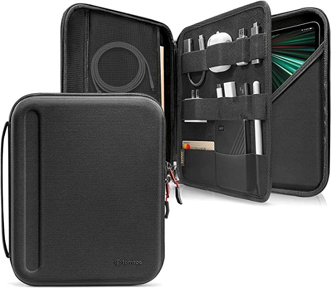 A black zip case for a tablet/ereader that also has pockets for chargers. pens, and other accessories. 