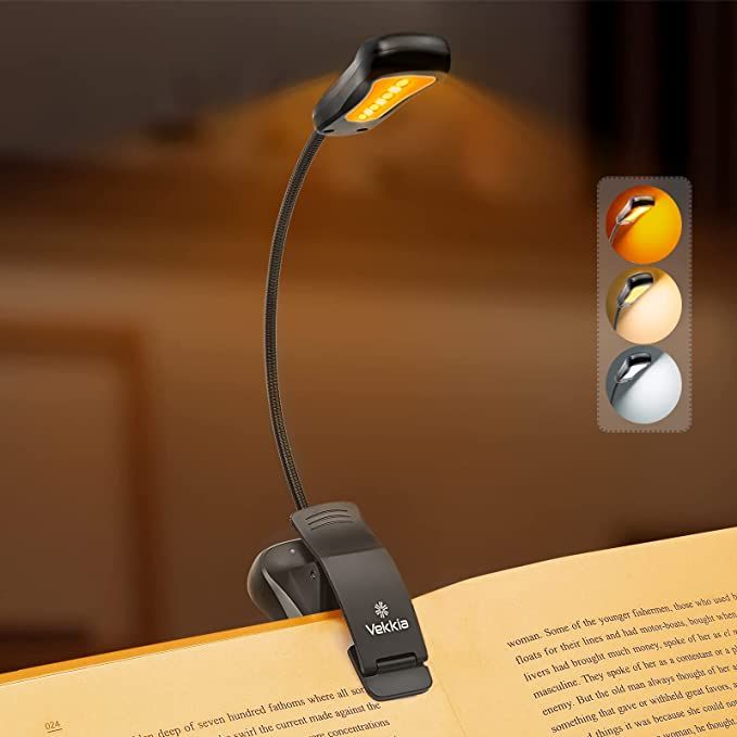 A rechargeable clip-on book light with 3 different colors of light. 