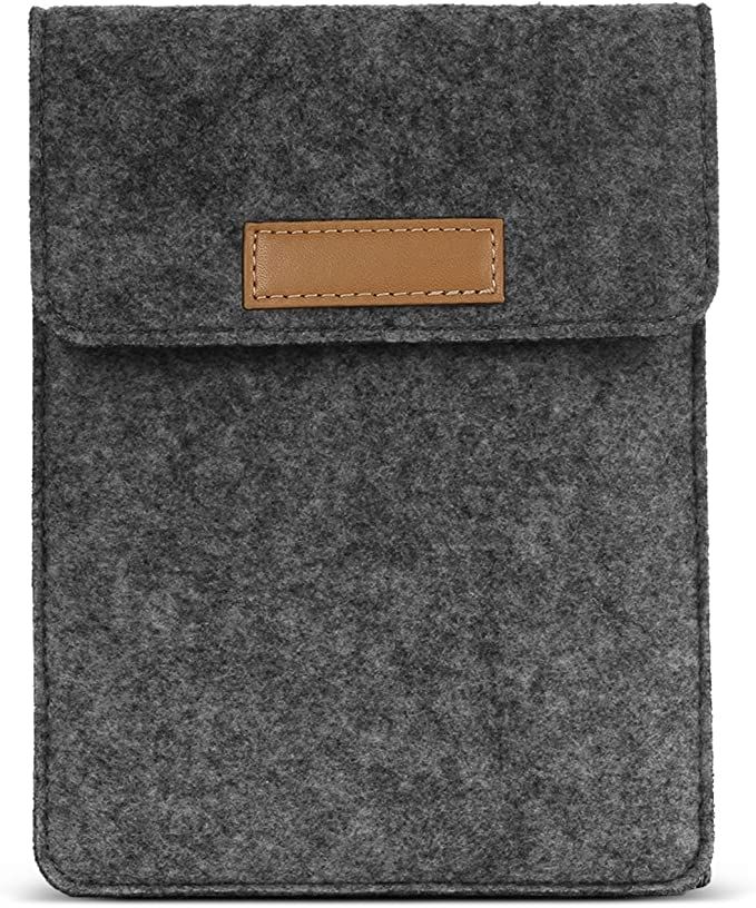 A heathered grey tablet sleeve with a flap closure. 