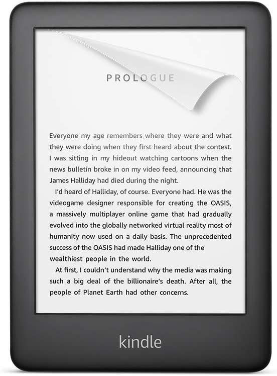 An Amazon Kindle is pictured with an anti-glare screen protector being installed. 