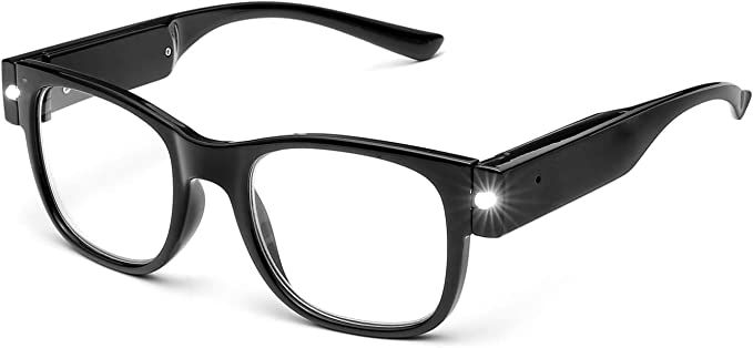 Black glasses frames with LED lights in the corners. 